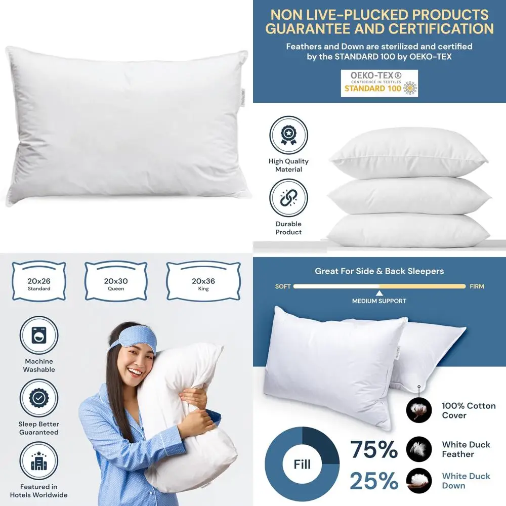 

King Size Pillows with Soft-Medium Support for Side and Back Sleepers - White Duck Down & Feather 2-Pack