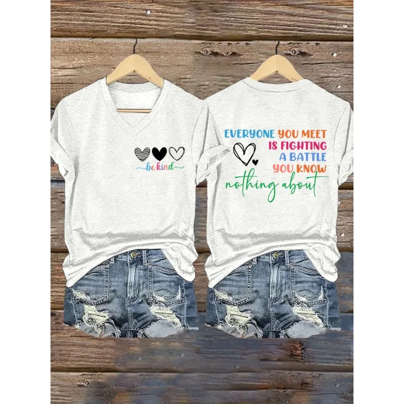 ilstile Women's Mental Health Print T-Shirts Short Sleeve  V Neck Female clothing Summer Black  Tops Casual Tees New Arrival