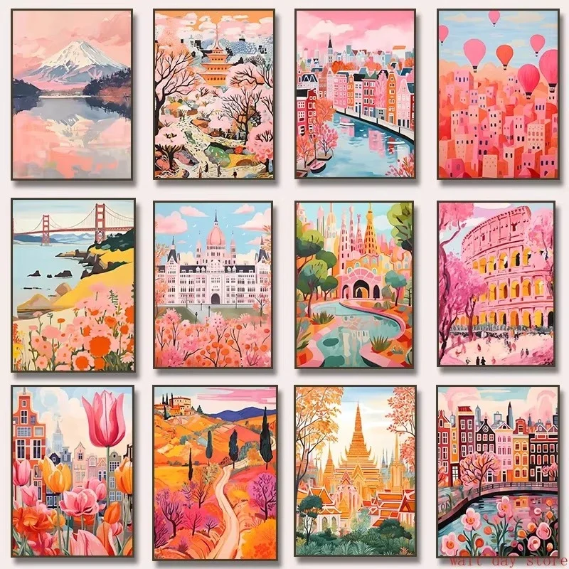 Italy Portugal Morocco Amsterdam Japan Rome Turkey Barcelona  Cityscape  Travel Poster Canvas Painting Forliving Room Home De