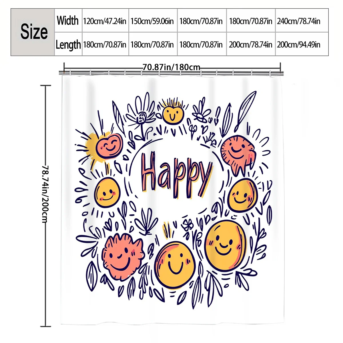 Happy Face Floral Shower Curtain 1pc with 12 Hooks for Bathroom Home Decor Polyester 2D Flat Print 70.8x70.8 Inch