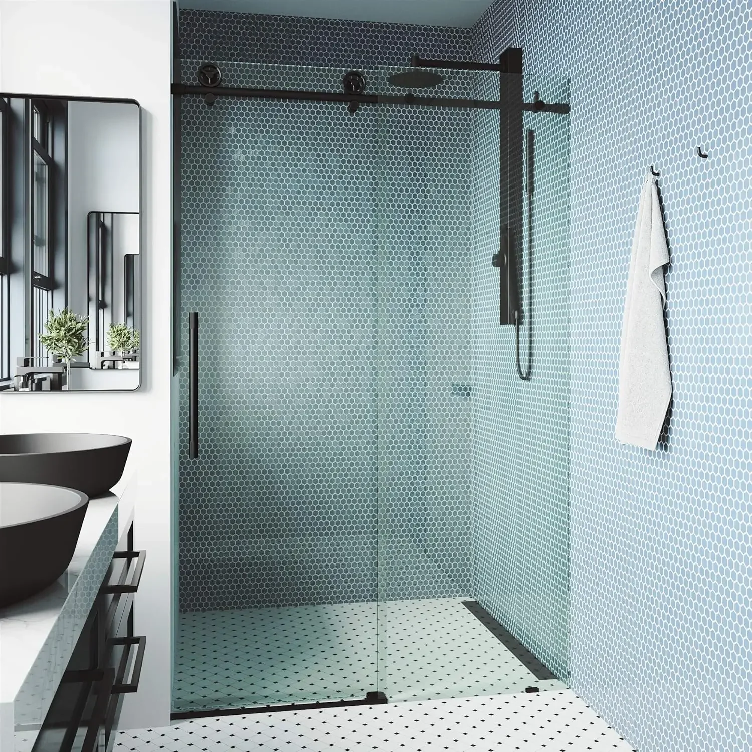 Adjustable  Aerodynamic Frameless Sliding Shower Door with Clear Tempered Glass Reversible Door Handle