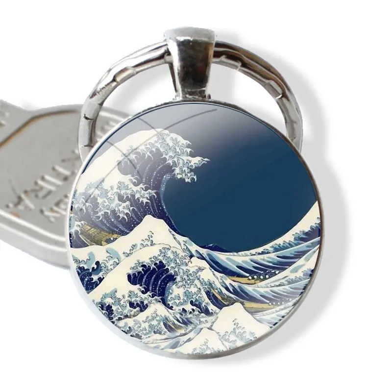 japan great wave off Kanegawa Fashion Funny Cartoon Creative Keychain Handmade Glass Cabochon Key Ring Holder Pendant Key Chains