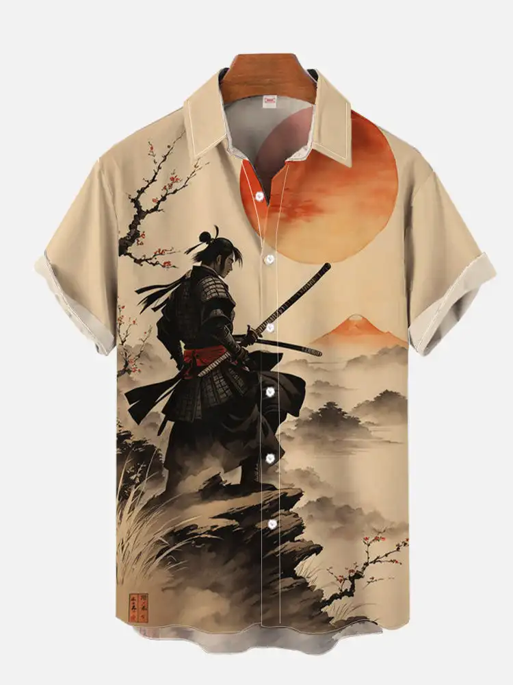 2024 Fashion Ukiyo-E Tropical Floral and Japanese Samurai Printing turndown Collar Hawaiian Short Sleeve Shirt casual shirts