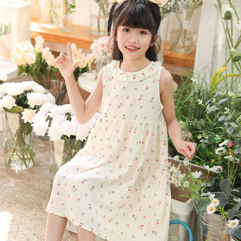 Sommerkleid für Mädchen, Weste, Camisole, Sommerkleid für Kinder, flauschiges Kleid für kleine Mädchen, süßes Alltagskleid, Fruchtmuster, Rosa