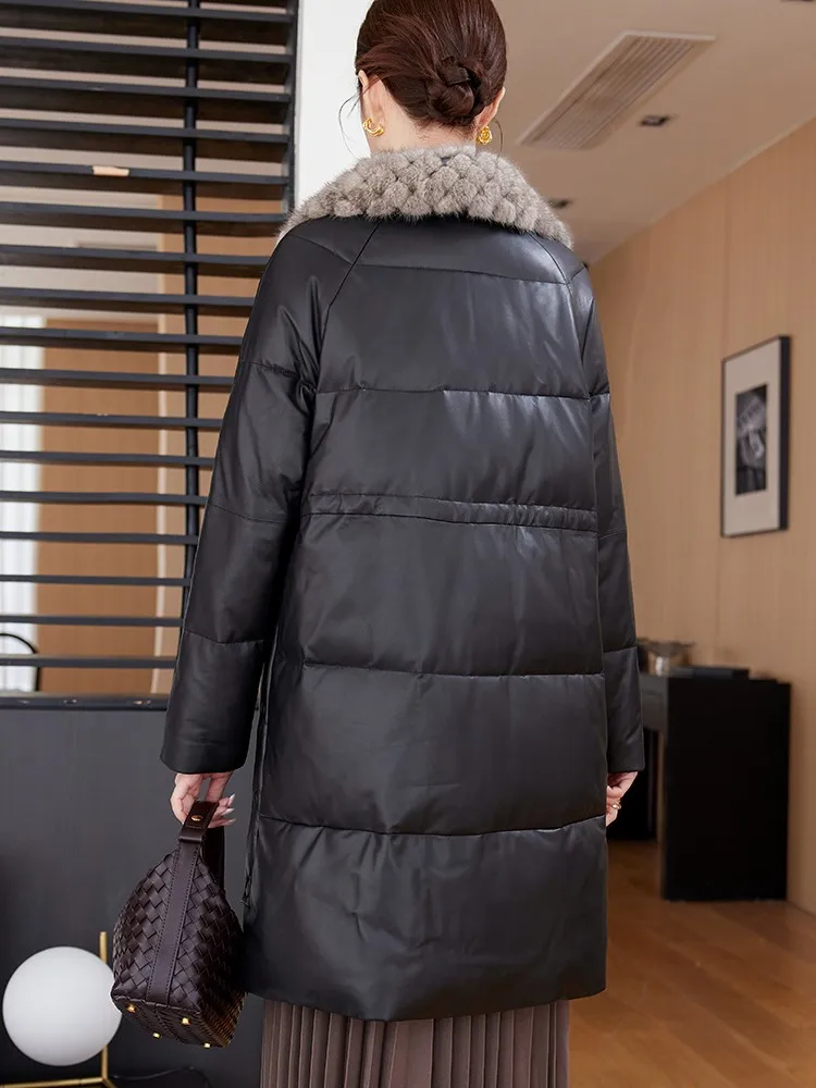 جديد إمرأة شتاء سستة فرو المنك طوق جلد طبيعي أسفل معطف منتصف طول سترة السيدات معطف جلد الغنم الدافئ فضفاض صالح #5