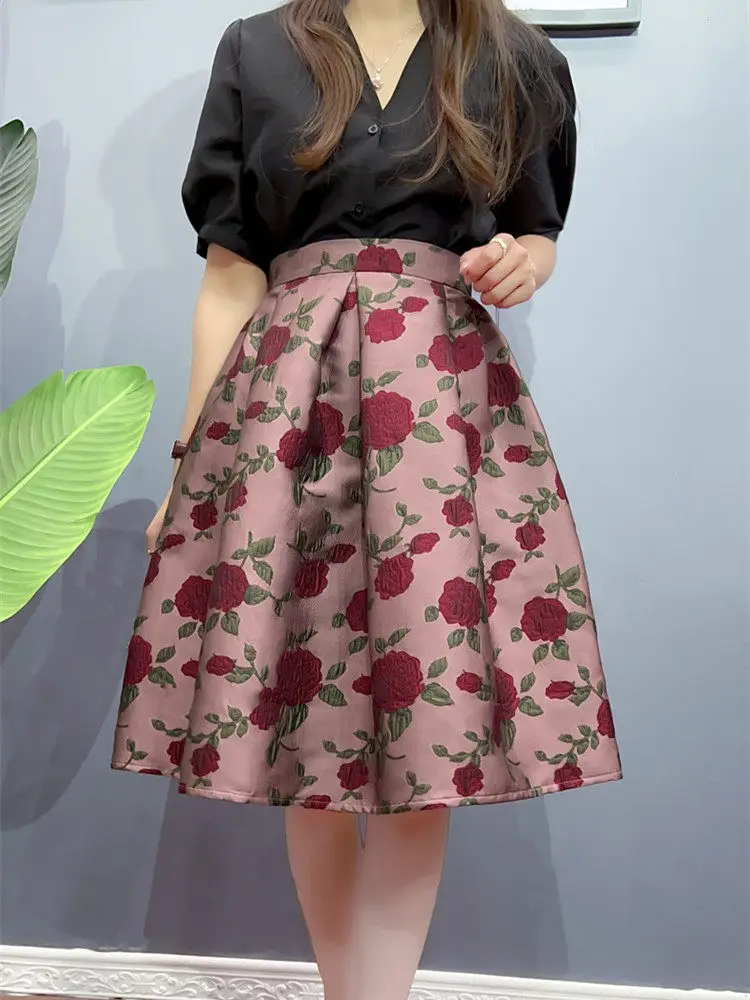 2026 New Summer Rose Jacquard Mid-long Ball Gown Skirts Age Reduction Vintage High Waist Knee-length Women Pink A-line Skirts