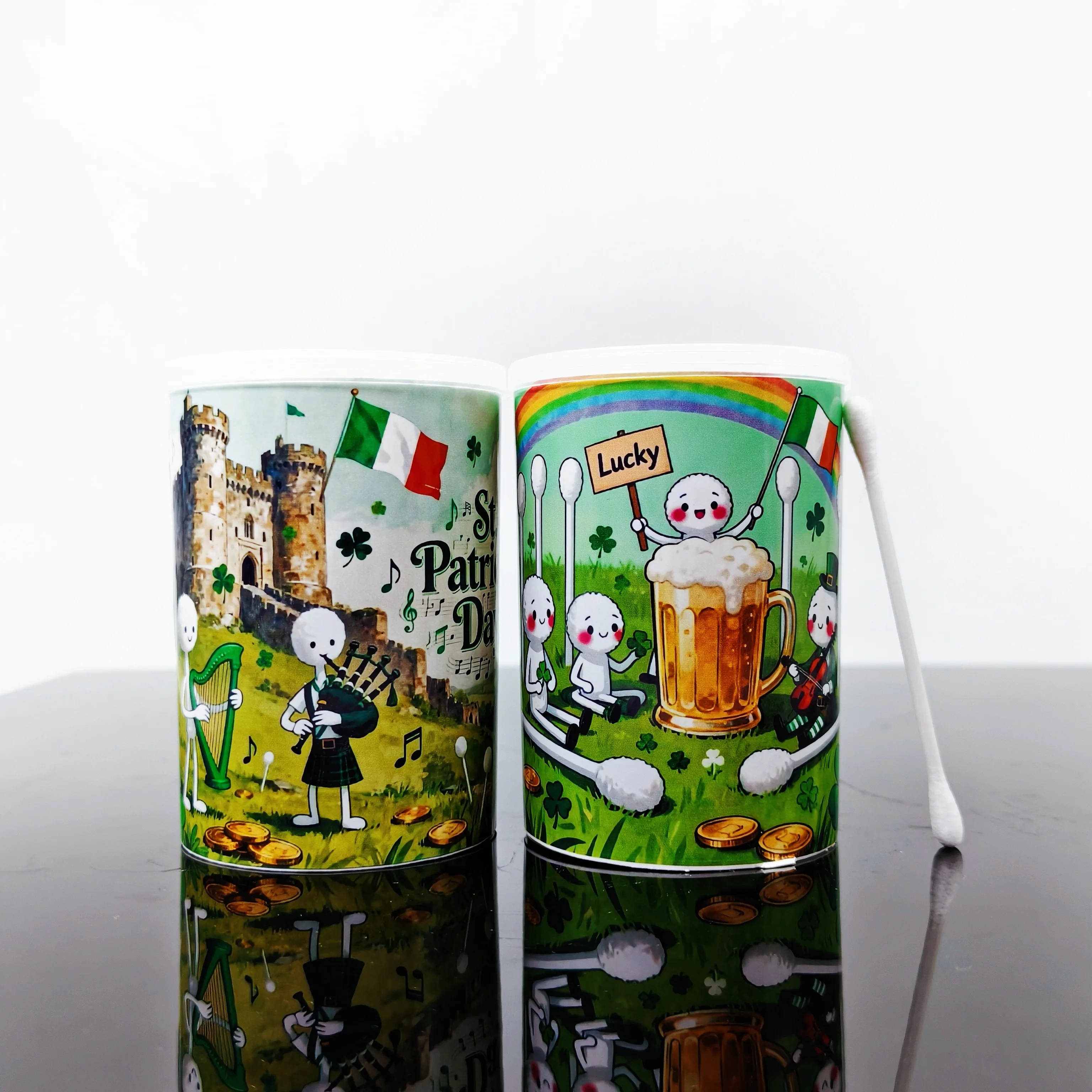 100개/200개 성 패트릭의 날 테마 면봉, 양쪽 끝이 두꺼운 면봉, 이중 원형 면봉