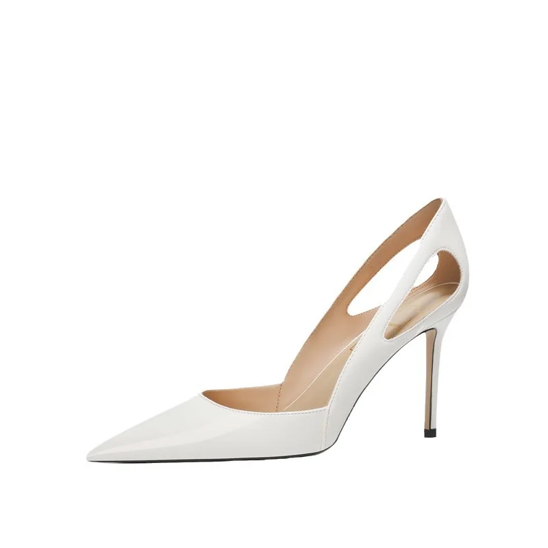 

C60 2025 из лакированной кожи, полые высокие каблуки, банкетные темпераментные повседневные туфли на каблуке из овчины, женская обувь на тонком высоком каблуке с острым носком