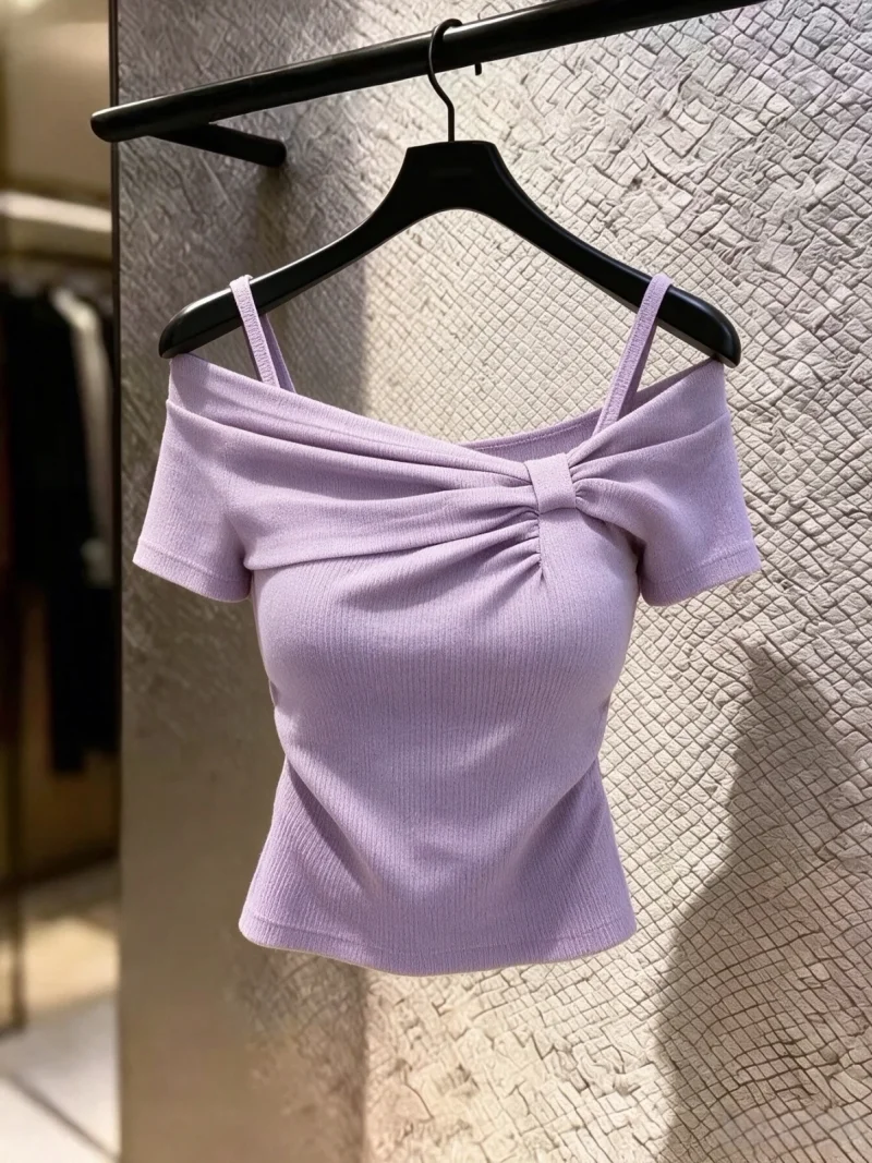 Summer New Style Women's Purple Knot Shoulder Short Sleeve T-shirt Self-retention Model Loose Fit Cotton Comfortable Breathable