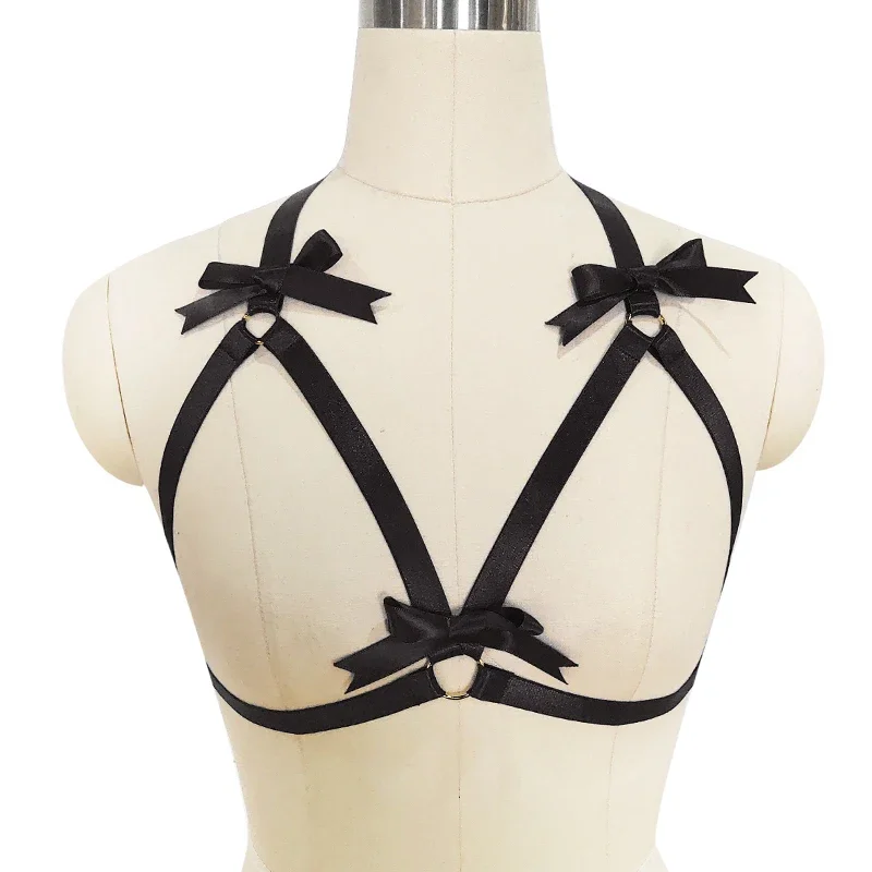 Original Design Black Bow Harness Bra Kawaii Open Chest Bondage Body Cage Pastel Gothic Body Harness Belt