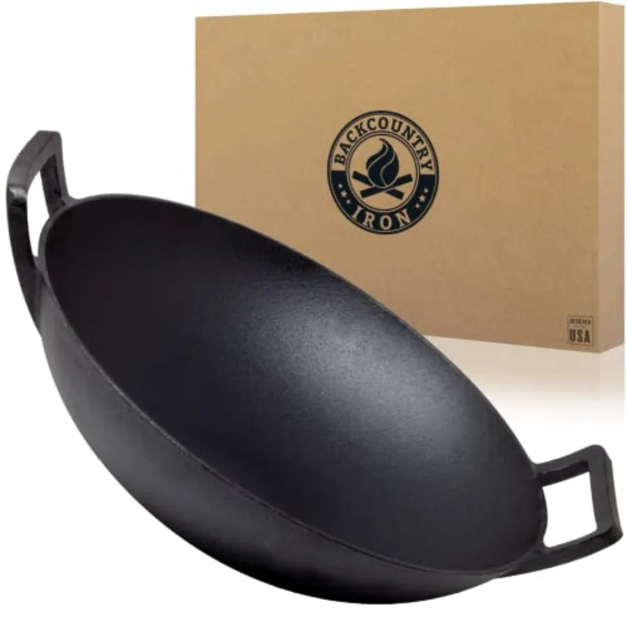 

14 inch Cast Iron Wok with Flat Base and Handles Black Durable Non-Stick Coating for Stovetop and Oven Use
