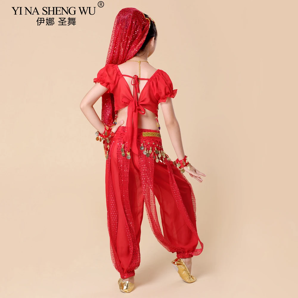 Nuevos trajes de danza del vientre para niños, conjunto de 5 uds (Top + Pantalones + cadena de cintura + pulsera + tocado), trajes de Bollywood para danza del vientre de la India para niños