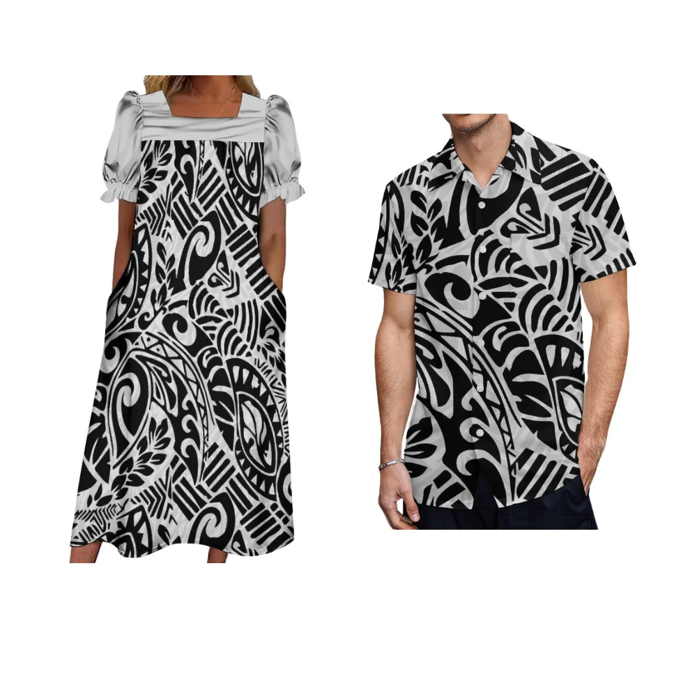 

Summer Fashion Short Sleeve Couple Set Pocket Puffed Sleeve Mumu Long Skirt Shirt Custom Polynesian Vintage Art Print Design