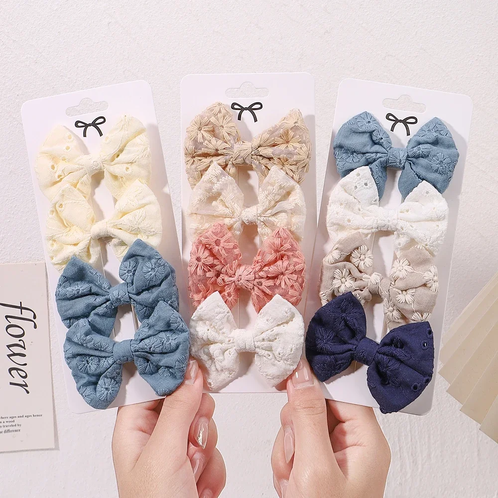 4Pcs/Set Lovely Cotton Bowknot Clips Safe Hairpins Girl Fresh Pastoral Hairclips Baby Hair Accessories Kids Print Hairgripe Gift