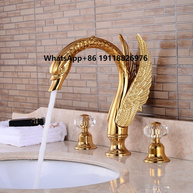 

Двойные хрустальные ручки, смеситель для раковины в форме лебедя, 3-отверстий, смеситель для раковины, золотая отделка