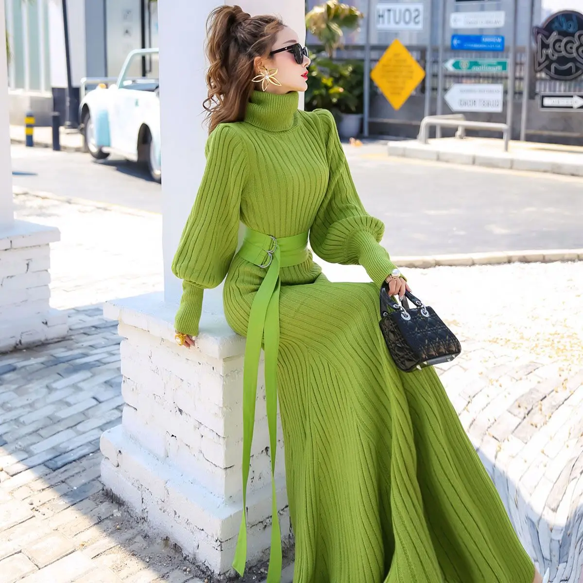 Autumn Winter Lantern Sleeves Knitted Dresses 2023 Green Fashion Slim Sexy Fishtail Dresses Women's Thicken Warm Sweater Dresses