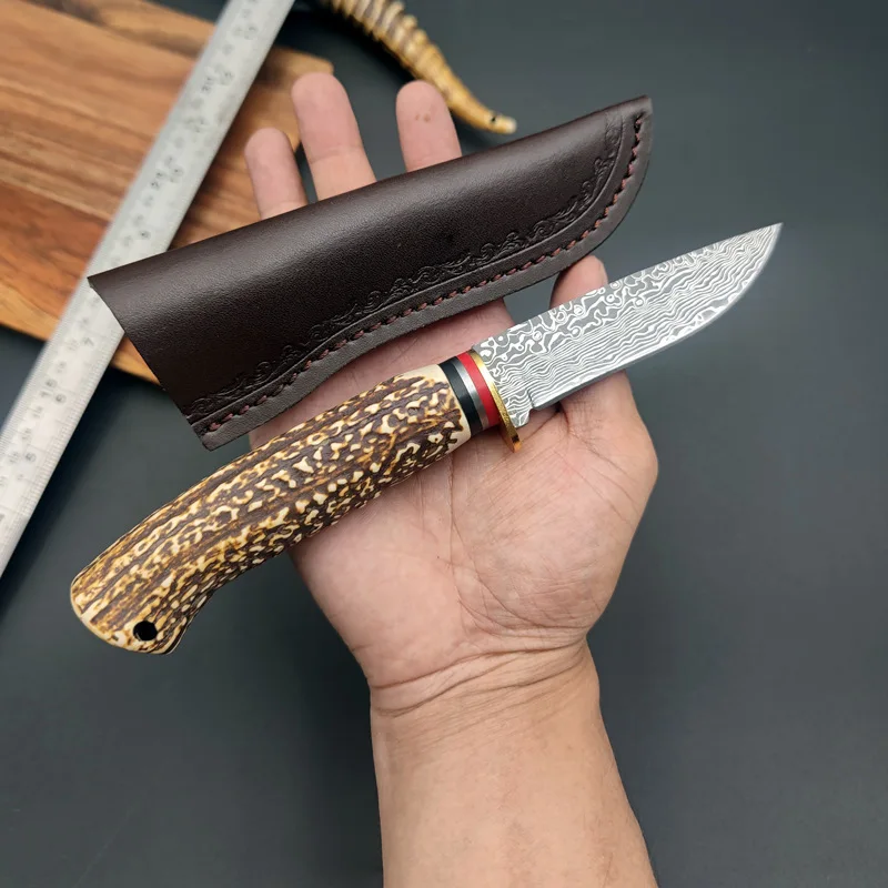 Straight Knife Outdoor Damascus Pattern Bone Imitation Handle Knife Multi functional High Hardness pocket knife fixed blade