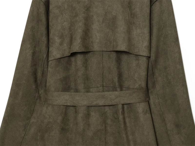เสื้อโค้ทเทรนช์ผู้หญิง คอลเลคชั่นฤดูใบไม้ร่วง 2025 สไตล์ใหม่ สีเขียวทหาร แขนยาว ผ้าหนังกลับเทียม แต่งเข็มขัด  โค้ทยาวทันสมัย
