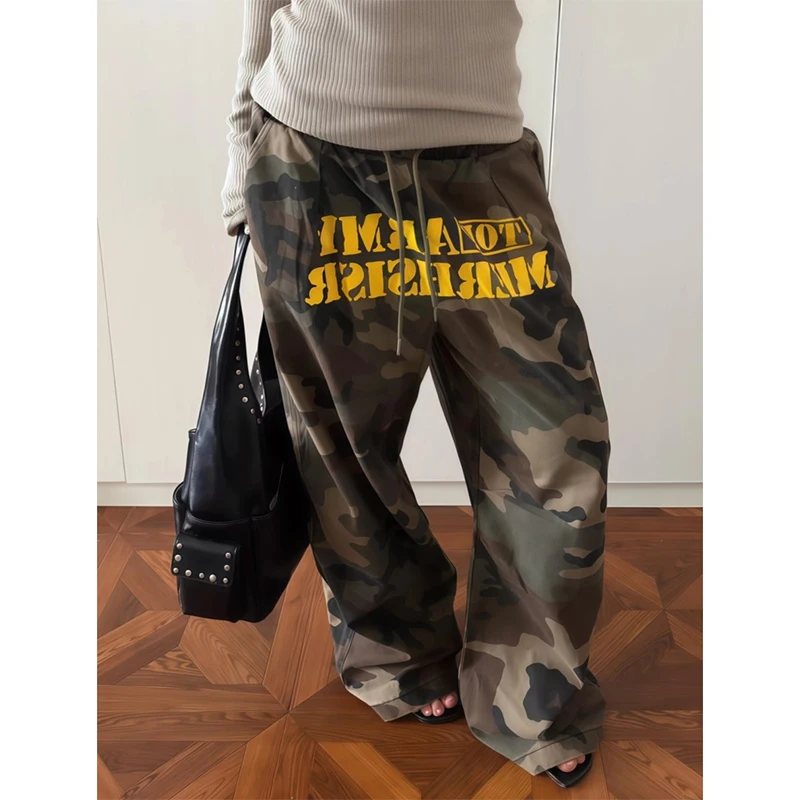 Pantalones de camuflaje holgados marrones para mujer, pantalones de paracaídas de gran tamaño, estilo japonés Harajuku de los años 2000, pantalones Vintage Y2k, ropa de otoño