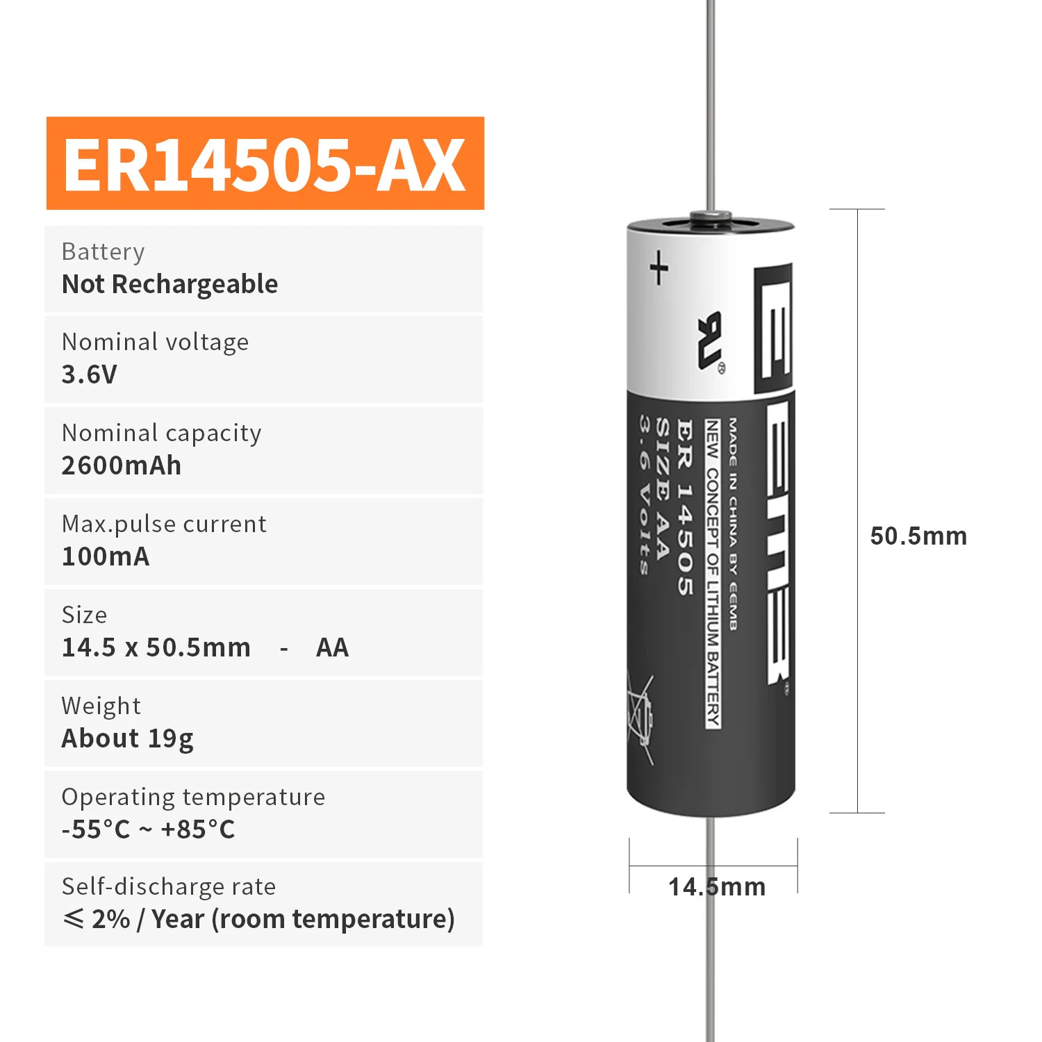 EEMB ER14505-AX Bateria 3,6 V Baterie litowe AA z pinem AX 2600 mAh Ogniwo akumulatorowe do alarmu gazu/wodnika Czujnik okna