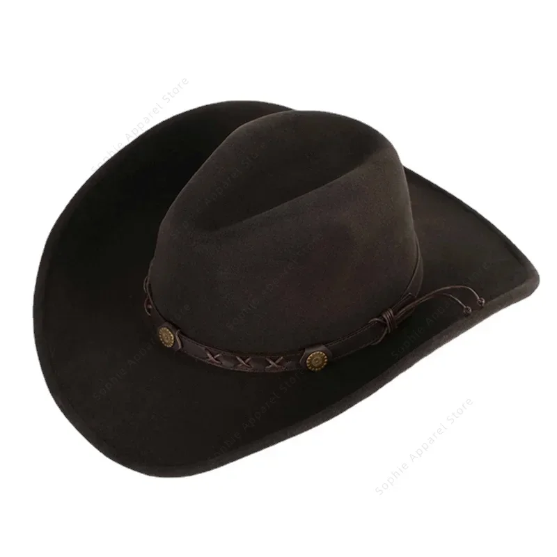 

Cowboy Hats Men Wool Felt Country Western Women Chapeau Equestrian Horseback Rider Western Accessories Dark Brown Vintage
