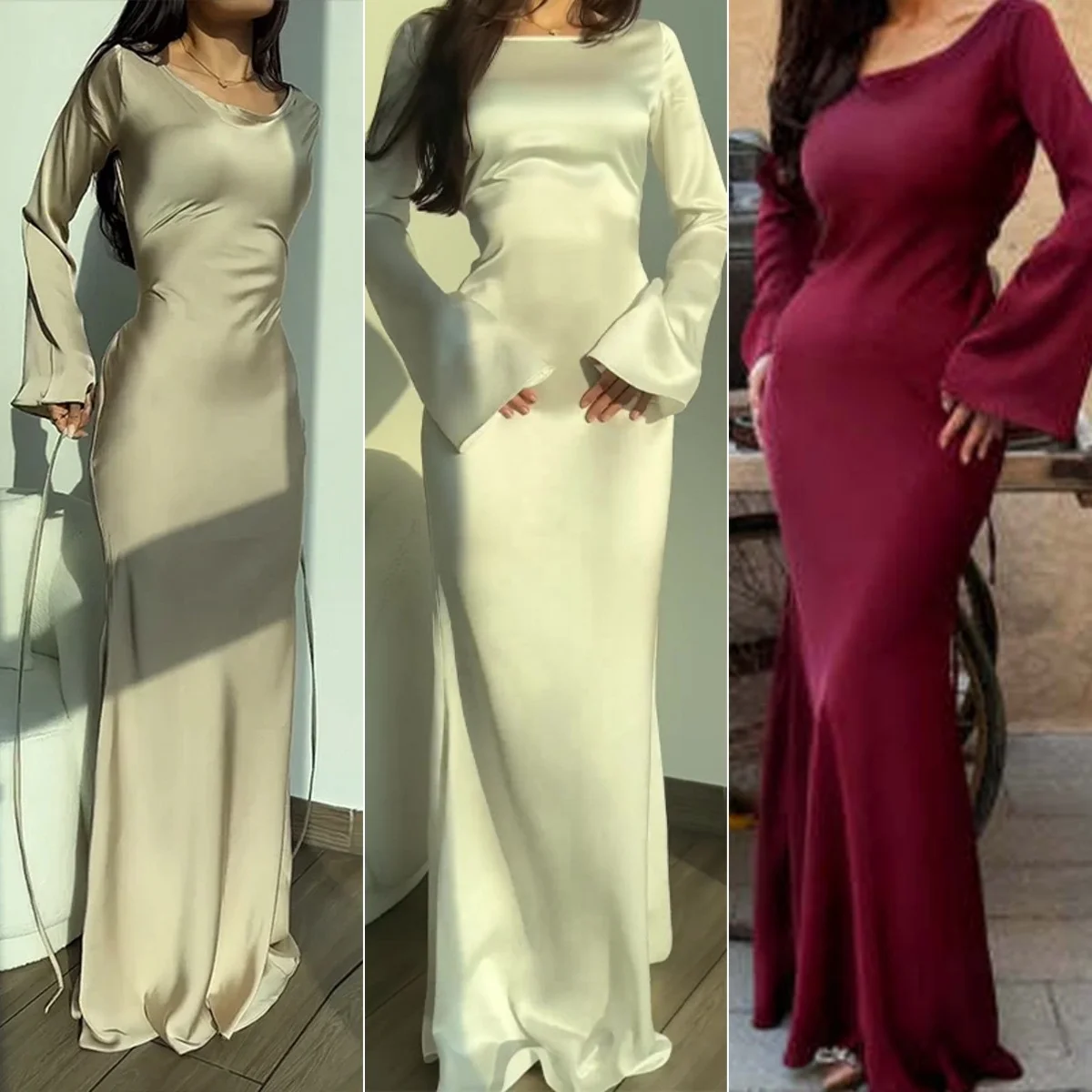 Elegant Solid Long Sleeve Dress 2024 Women\'s New O-neck Flared Sleeve Long Vestidos Binding Slim Fashion Elegant Sexy Party Robe