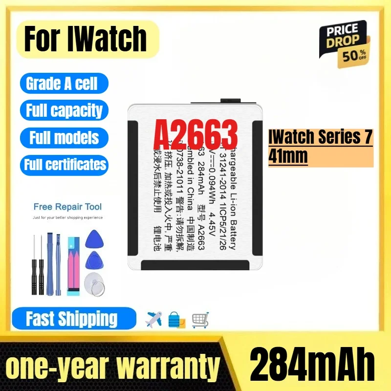 A2663 for IWatch Series 7 41mm Watch Battery 0 Cycle High Quality High Capacity Replacement Bateria Grade A Cell with Tools