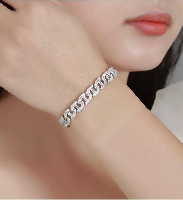 

Luxury white gold solid platinum PT950 Z-shaped Cuban bracelet for couples, full of diamonds trendy hip-hop hand jewelry