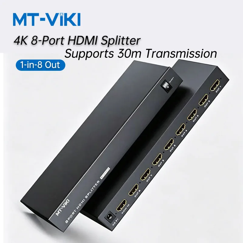 MT-VIKI 8 Ports HDMI-compatible Splitter HD Video Distributor 1x8 4K 3D 1 Input 8 Output  5V 1A Power Supply MT-SP108M