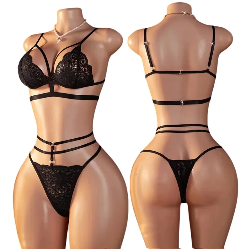 Sexy Lingerie Open Bra Set Transparent Lace  Deep V Open Bra