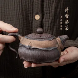 Vintage Lotus Teapot Handmade Rough Pottery Teaware Ceramic Vintage Kung Fu Tea Infusion Tea Making Utensils Tool Tea Kettle Pot