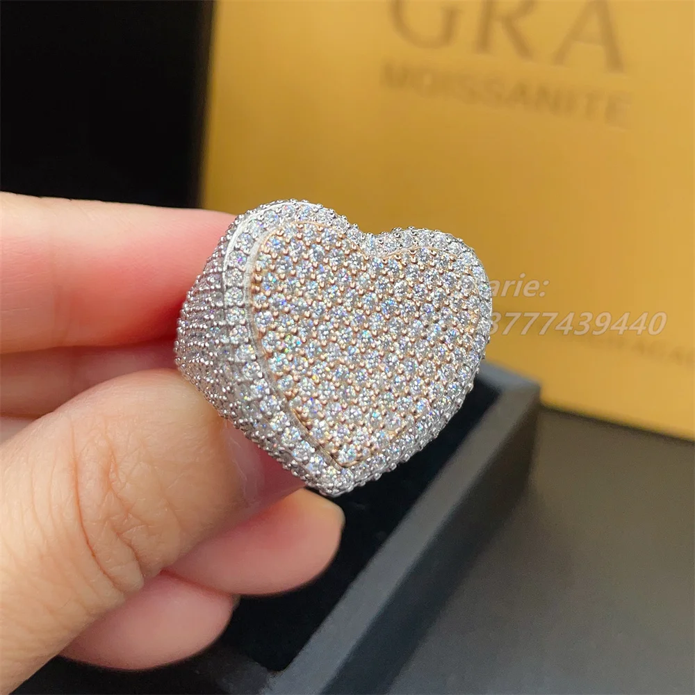 

luxury fully iced out jewelry 925 sterling silver with vvs moissanite jewelry heart shape men gold ring s925 men diamond ring