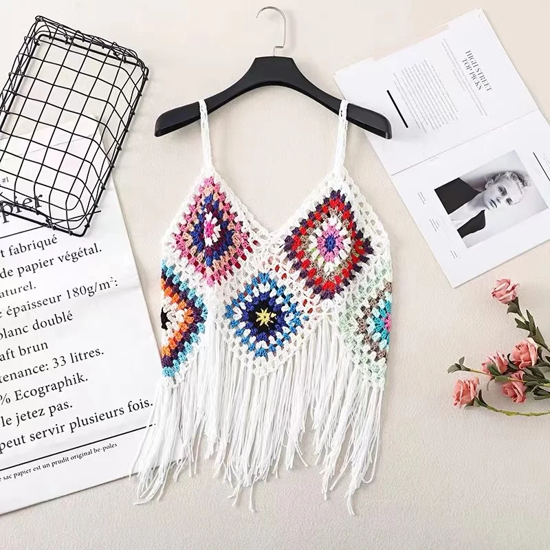 Handmade Granny Square Halter Top Crochet Tank Top for Women Fringe Beach Cover Up Boho Chic Festival Top Summer Outfit