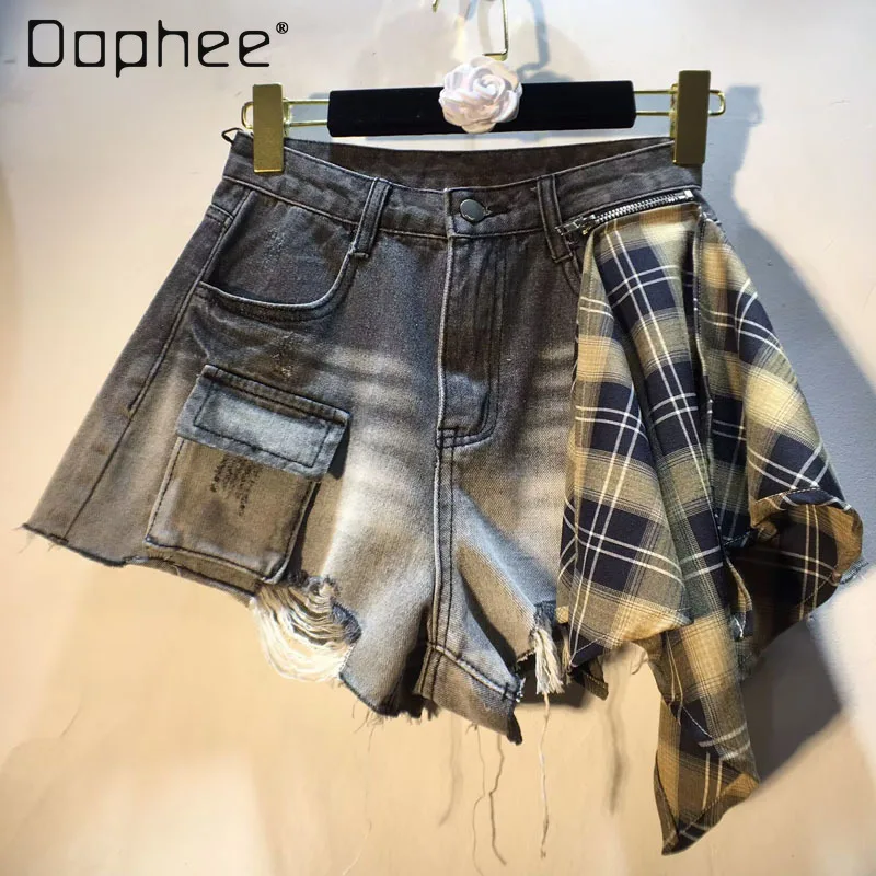 European station 2025 summer new splicing plaid cloth high waist and thin tooling pocket rough edge denim shorts women's pants
