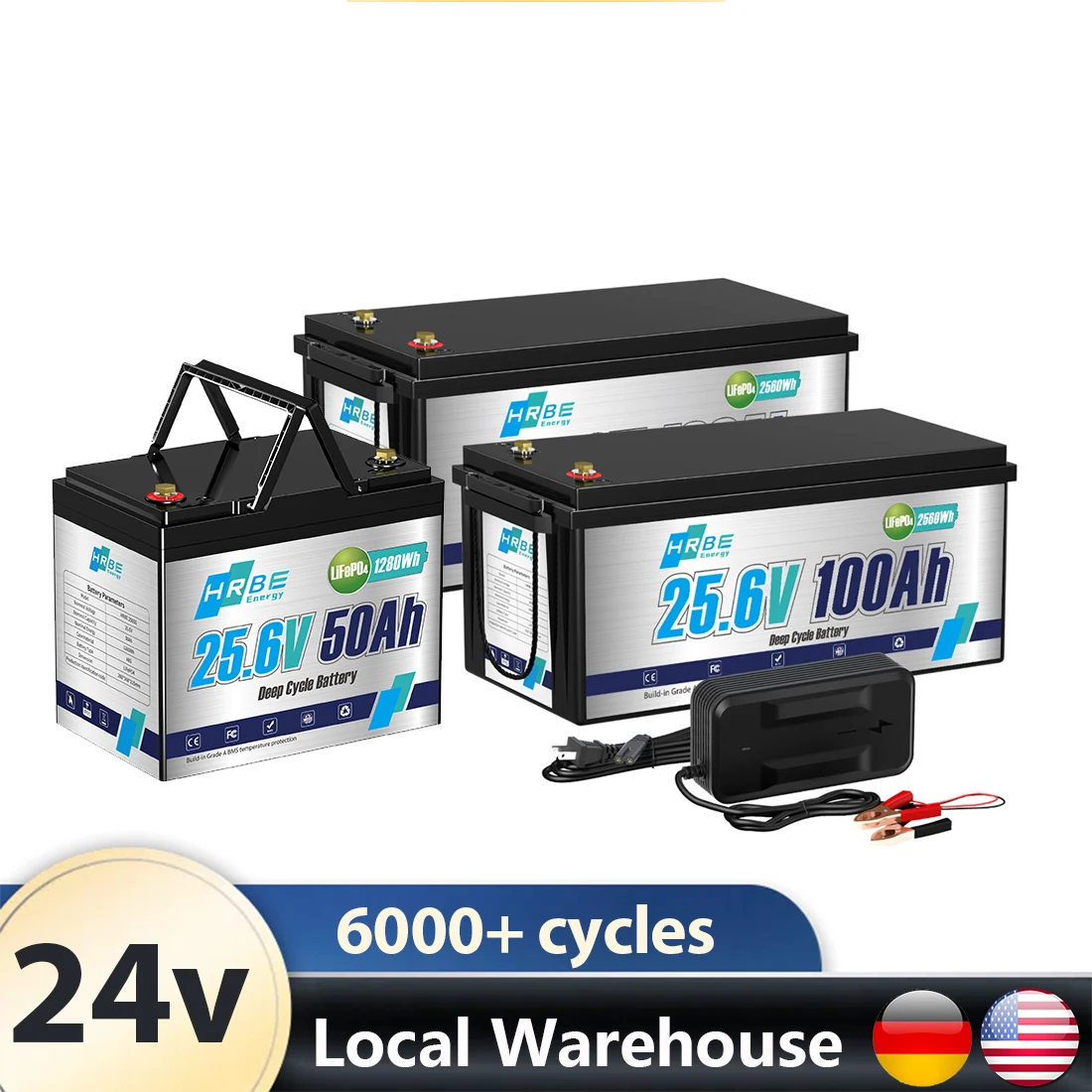 

LiFePO4 24V 100Ah 150Ah 50Ah 25.6V Lithium Battery Pack Built-in 100A BMS 6000+ Cycles Grade-A For RV,Solar,Home,Backup Power