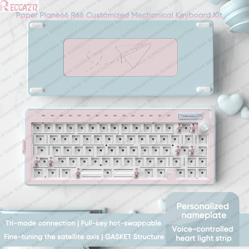 RECCAZR R66 Paper Plane66 Mechanical Keyboard Kit Aluminum 68% Layout RGB Gasket Hot Swap with Control Knob Tri-mode Keyboard