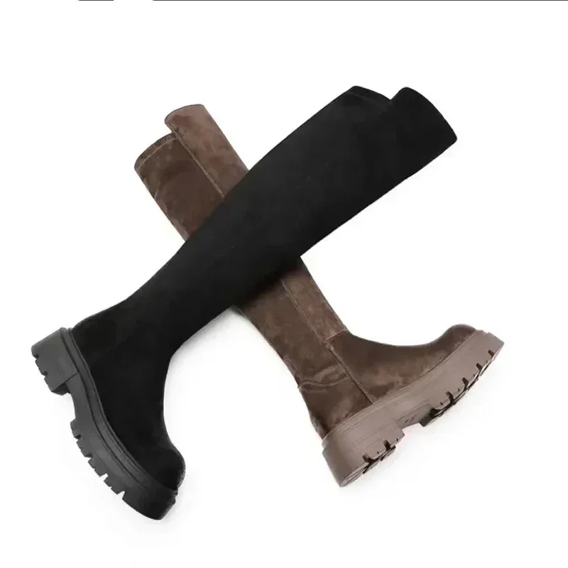 Zamszowe Chelsea Boots na kolanach damskie buty na podeszwie 2023 zimowe nowe okrągłe noski designerskie buty gladiatorki Goth Punk Botas