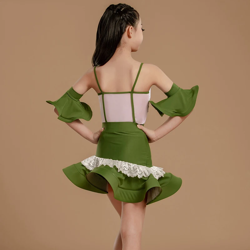 Jupe filles femmes robe de compétition Cha Cha vêtements de danse 2025 danse latine Performance vêtements vert couverture en dentelle arête de poisson