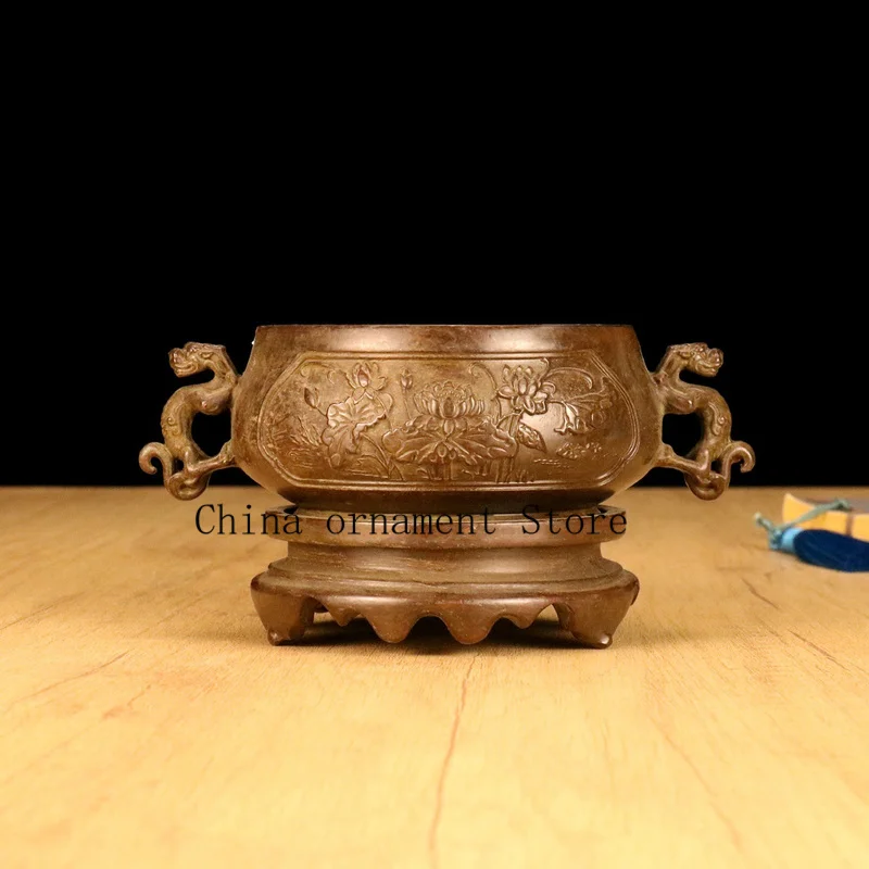 Antique-style, retro, distressed lotus and elephant head incense burner ornament Antique double-eared incense burner