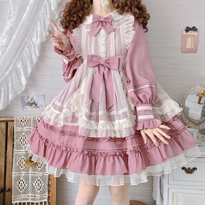 Spring 2023 Women Long Sleeve Sweet Japanese Lolita Dress Female A-line Lace Cosplay Party Dress Lady Kawaii Vestidos