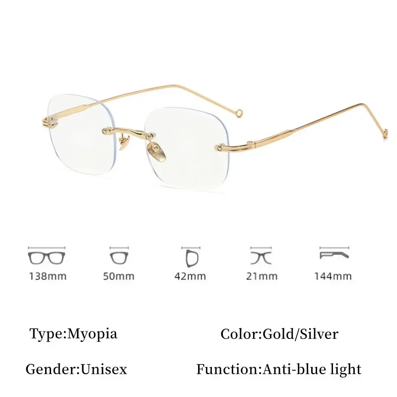 Metal Frame Women Men Unisex Frameless Myopia Glasses Vintage Blue Light Blocking Minus Eyewear Finished Prescription Eyewear