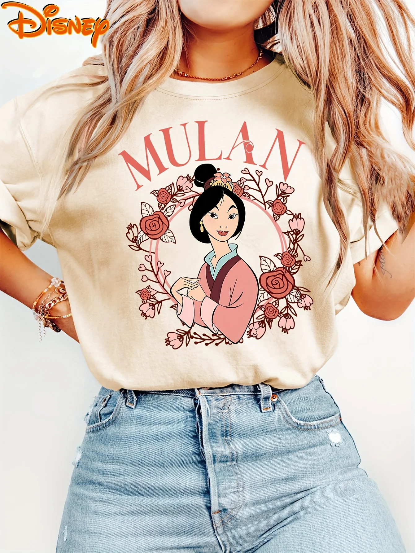 بلوزة ديزني النسائية بأكمام قصيرة، أنيقة بطباعة حروف مولان ورقبة دائرية للرجال والنساء بقاعدة قطنية لجميع المواسم #1