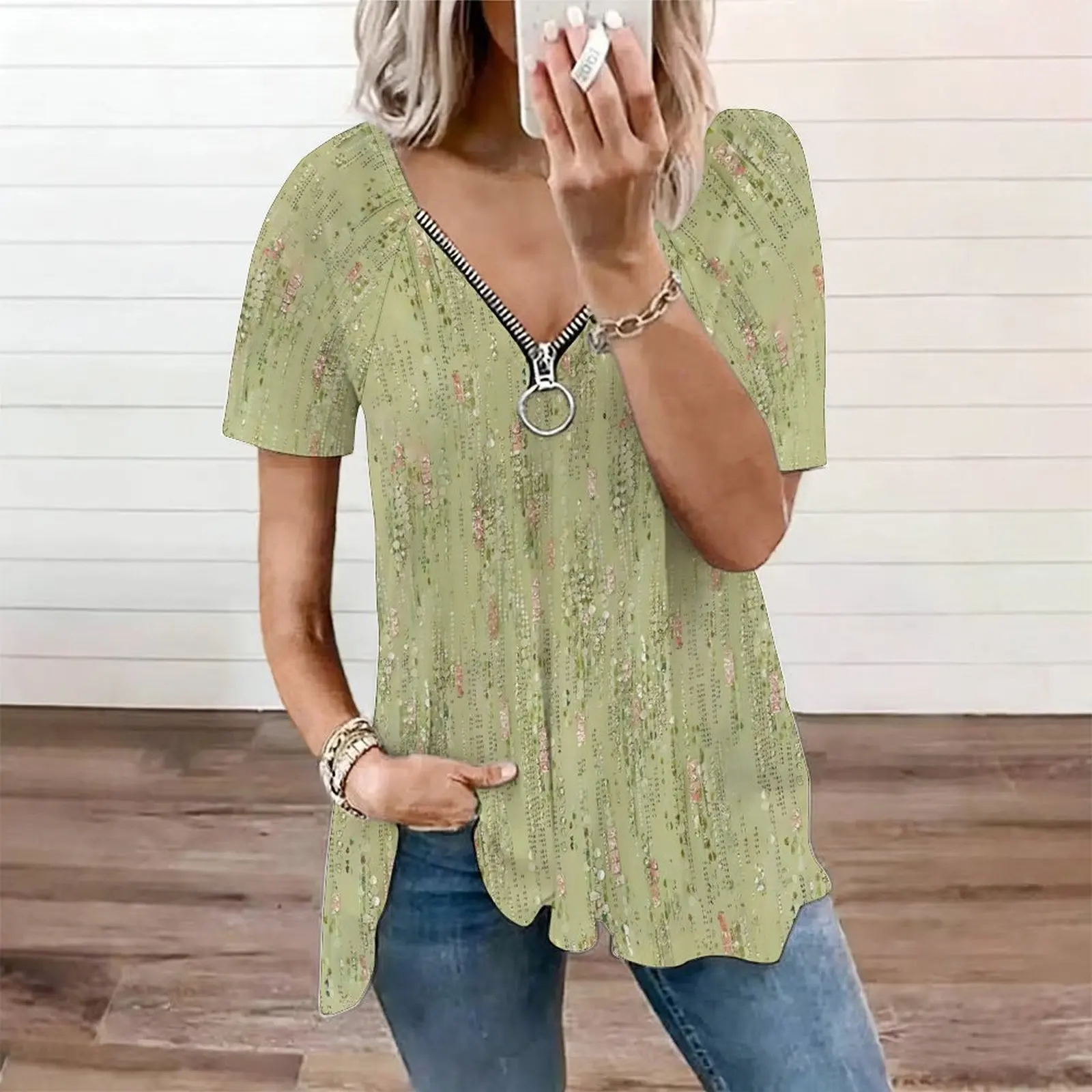 Women Floral Print Zip V Neck Irregular Hem Short Sleeve Casual Tunic Tops