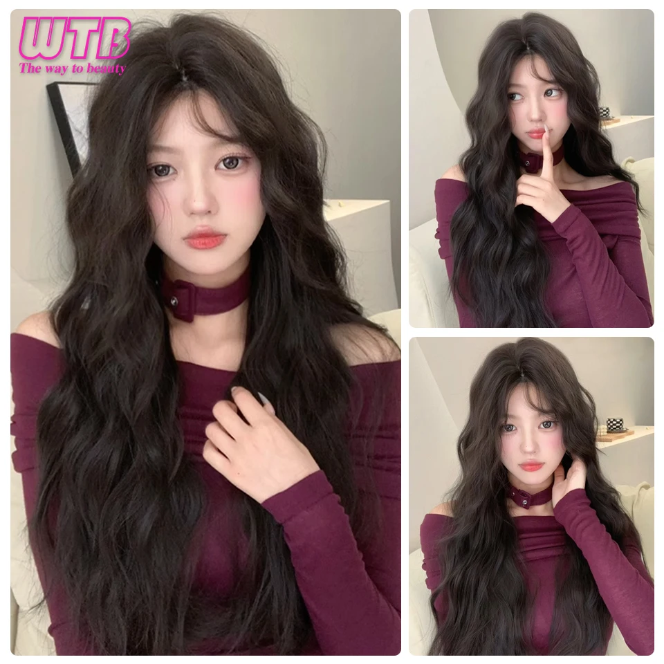 Synthetic 24inch Long curly Hair Wig Black Brown Wig for Woman Daily Use Natural Synthetic Wigs with Bangs Heat Resistant Fiber