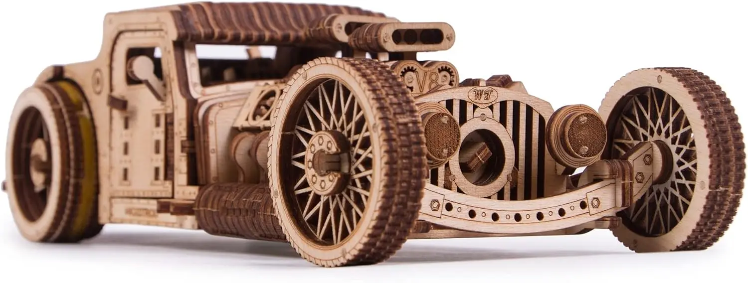 

Встроенная деревянная модель автомобиля Hot Rod — перемещает до 32 фута, детальная 3D-головоломка для взрослых, инженерный проект своими руками