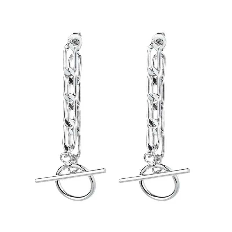 CIAXY Silver Color OT Buckle Chain Earrings for Women Creative Design Back-hanging Long Earring  Fashion Rock Jewelry