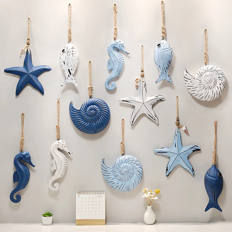 

Ocean Theme Style Wall Decorations Mediterranean Vintage Fish Pendant Starfish Conch Shells Hanging Hotel Restaurant Decoration