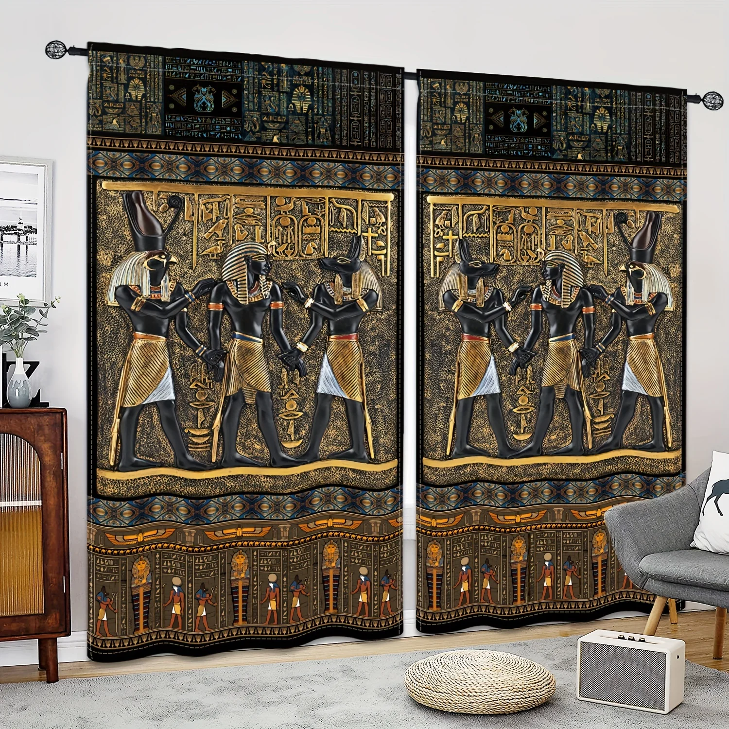 

2pcs Ancient Egyptian Mural Curtains Rod Pocket DecorativePrinted Curtain Light-filtering Curtain For Kitchen Living RoomOffice