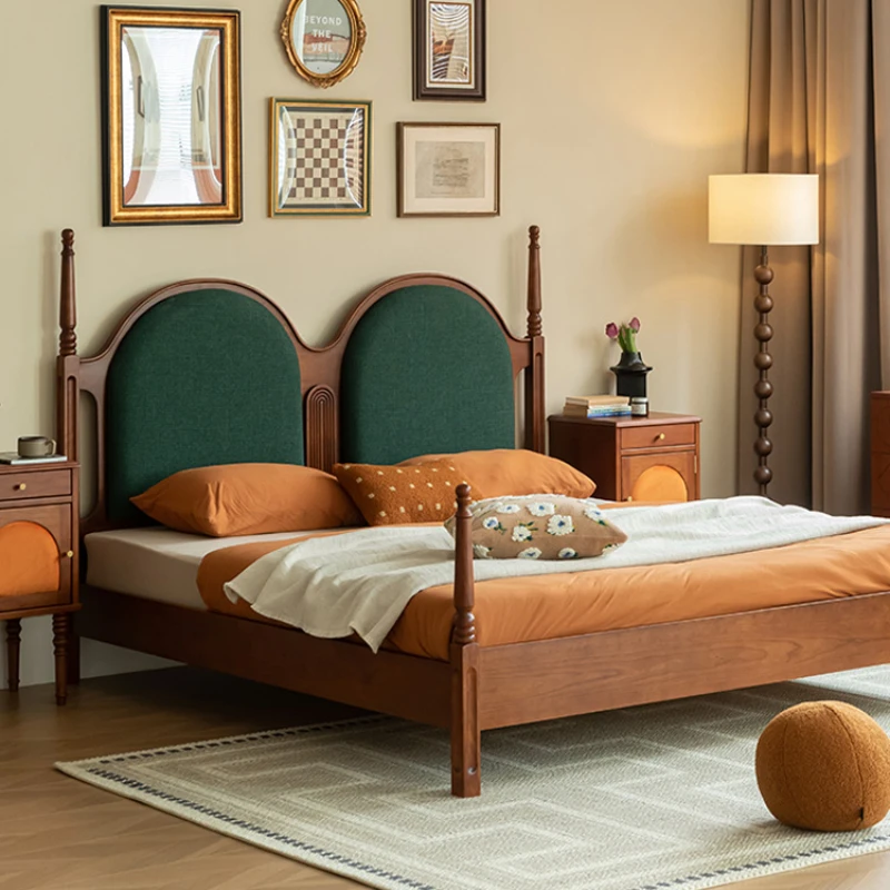 

Pure solid wood bed, cherry double bed, Maillard style master bedroom, French retro furniture, 1.5 meters upholstered