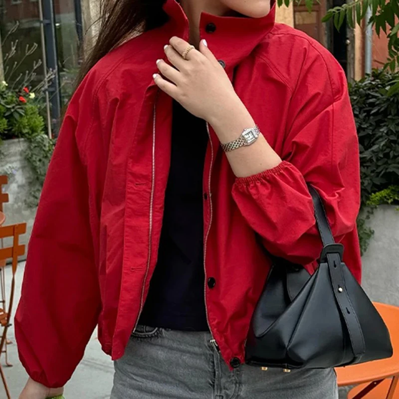 الوقوف طوق سترات قصيرة خريف 2025 موضة جديدة كل مباراة معاطف المرأة معطف قصير فضفاض غير رسمي بسيط الصلبة واحدة الصدر #5